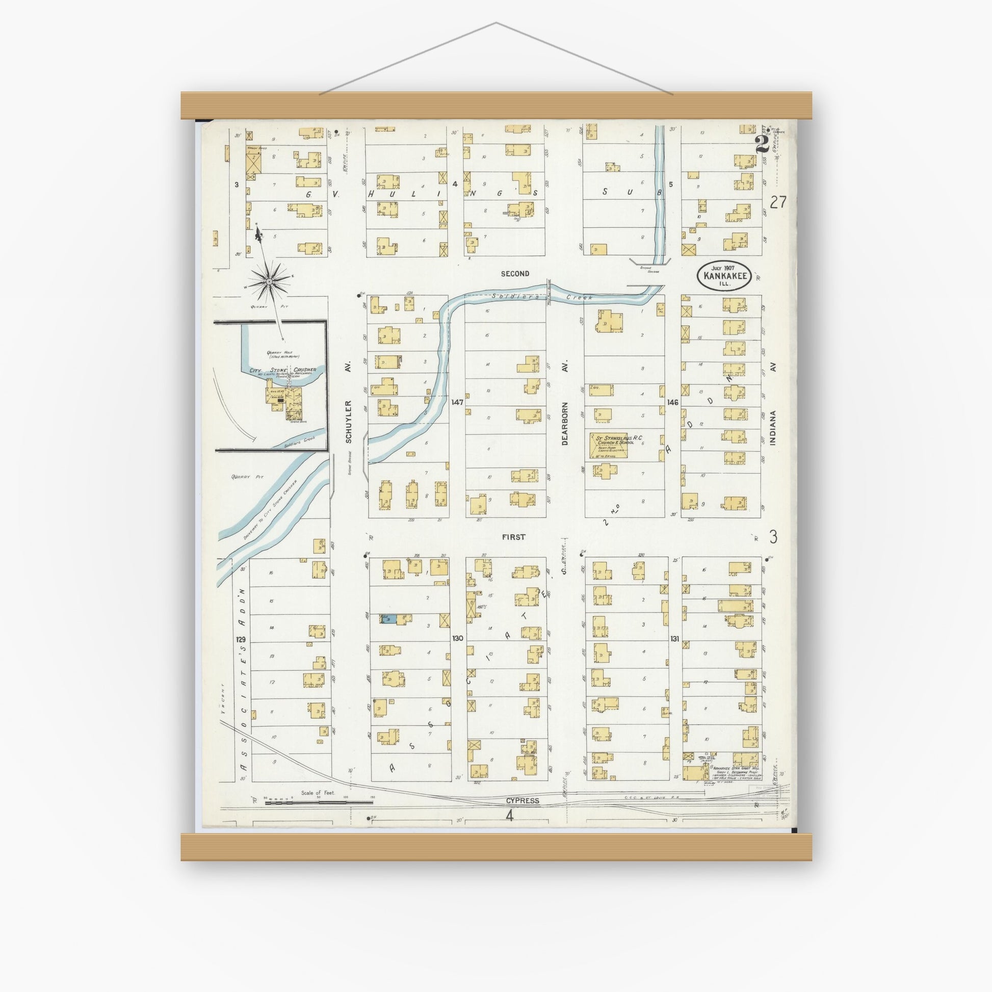 Old map wall art mockup — magnetic wood frame on white wall — Sanborn Fire Insurance Map from Kankakee, Kankakee County, Illinois (1907), Sheet #0002