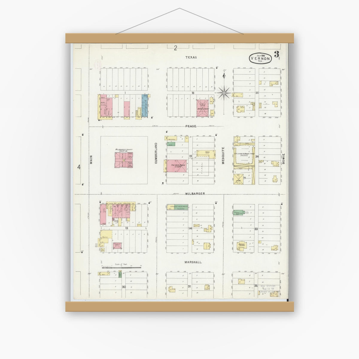 Old map wall art mockup — magnetic wood frame on white wall — Sanborn Fire Insurance Map from Vernon, Wilbarger County, Texas (1896), Sheet #0003