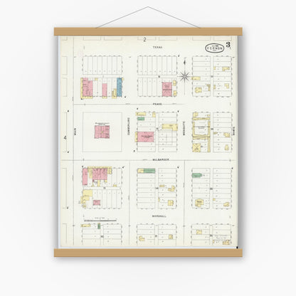 Old map wall art mockup — magnetic wood frame on white wall — Sanborn Fire Insurance Map from Vernon, Wilbarger County, Texas (1896), Sheet #0003