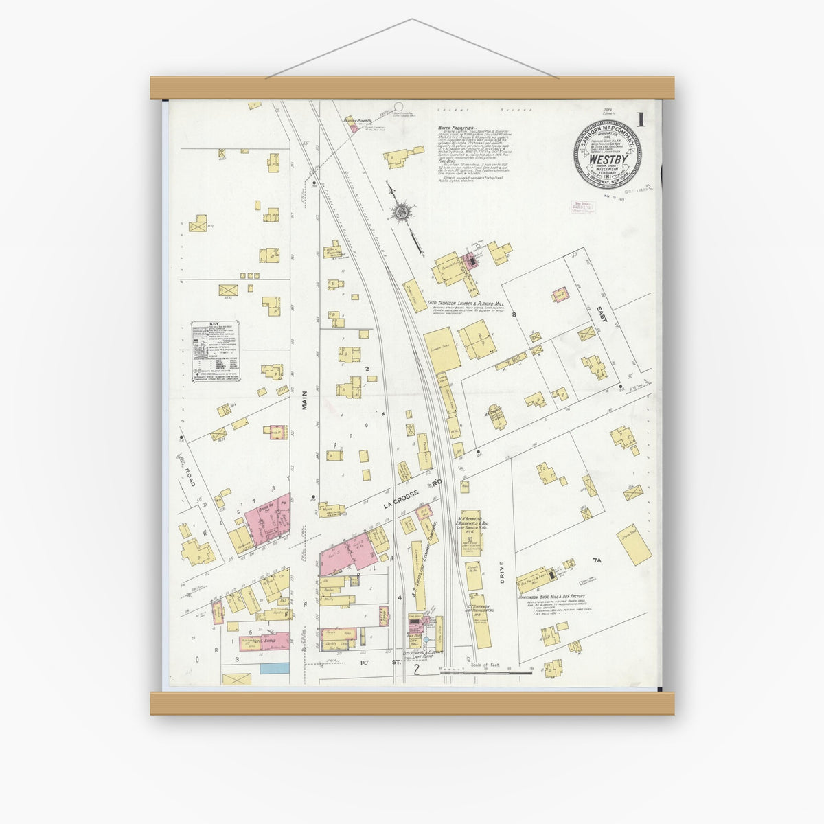 Old map wall art mockup — magnetic wood frame on white wall — Sanborn Fire Insurance Map from Westby, Vernon County, Wisconsin (1911), Sheet #0001