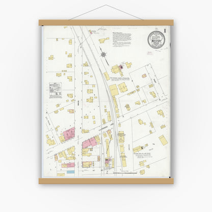 Old map wall art mockup — magnetic wood frame on white wall — Sanborn Fire Insurance Map from Westby, Vernon County, Wisconsin (1911), Sheet #0001
