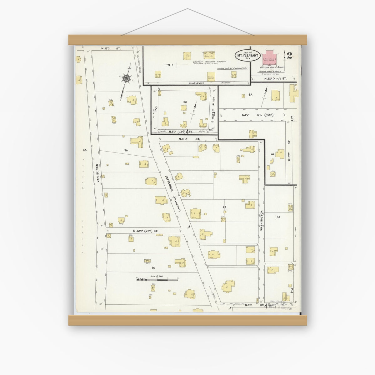 Old map wall art mockup — magnetic wood frame on white wall — Sanborn Fire Insurance Map from Mount Pleasant, Titus County, Texas (1911), Sheet #0002