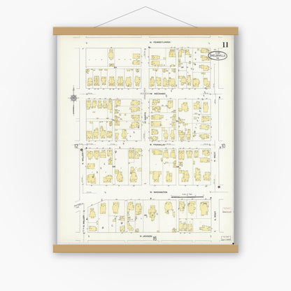 Old map wall art mockup — magnetic wood frame on white wall — Sanborn Fire Insurance Map from Shelbyville, Shelby County, Indiana (1910), Sheet #0011