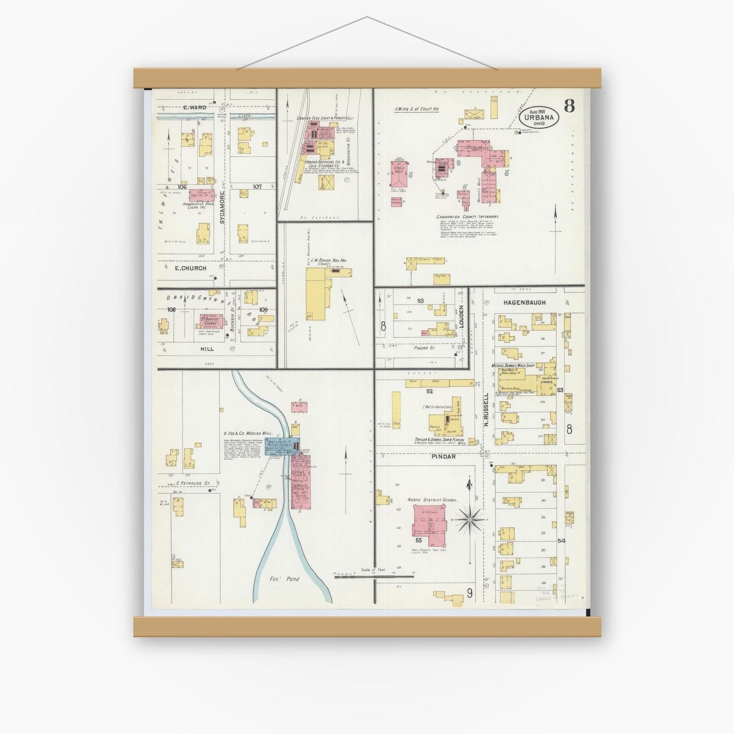 Old map wall art mockup — magnetic wood frame on white wall — Sanborn Fire Insurance Map from Urbana, Champaign County, Ohio (1901), Sheet #0008
