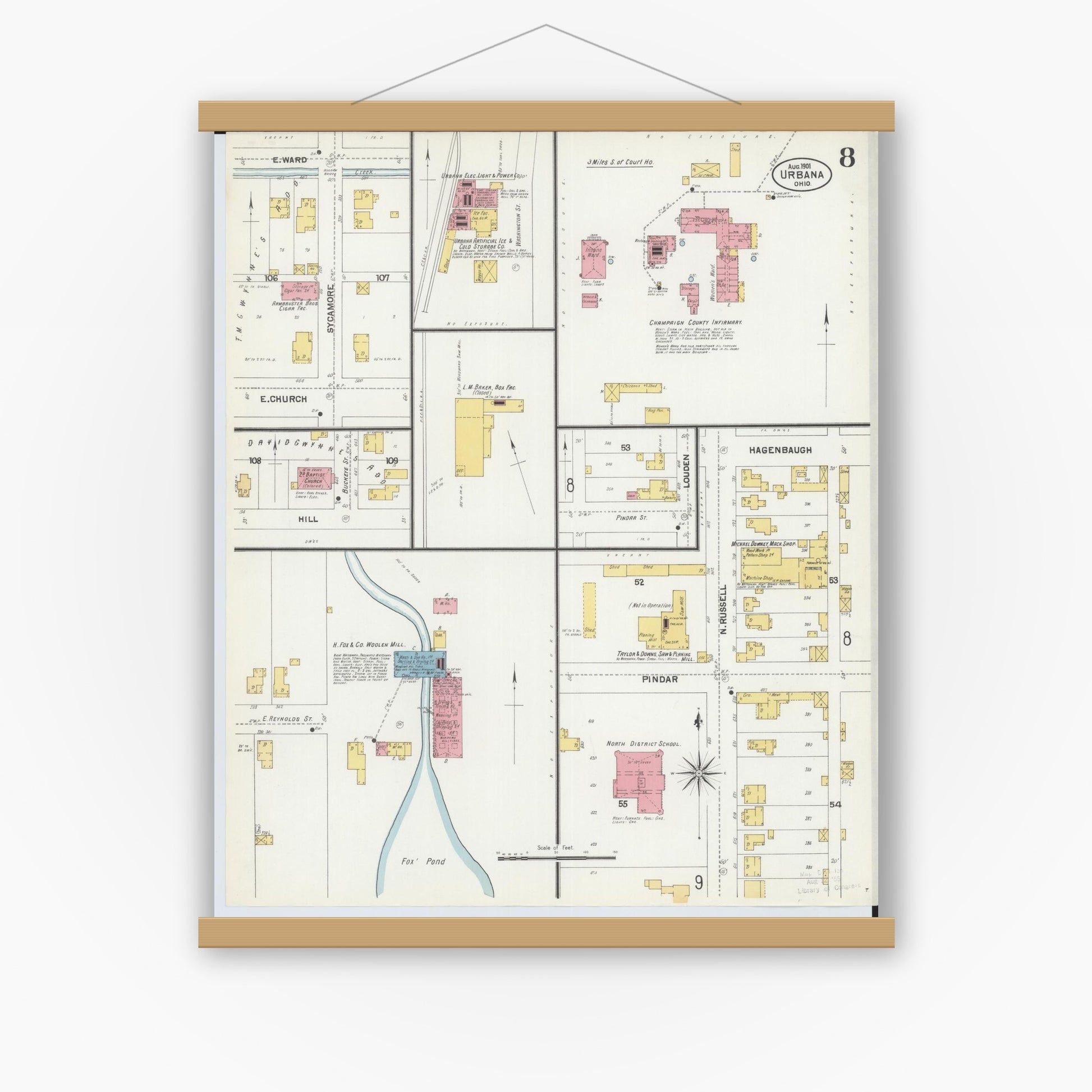 Old map wall art mockup — magnetic wood frame on white wall — Sanborn Fire Insurance Map from Urbana, Champaign County, Ohio (1901), Sheet #0008
