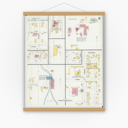 Old map wall art mockup — magnetic wood frame on white wall — Sanborn Fire Insurance Map from Urbana, Champaign County, Ohio (1901), Sheet #0008