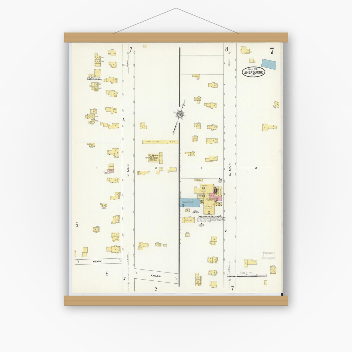 Old map wall art mockup — magnetic wood frame on white wall — Sanborn Fire Insurance Map from Sherburne, Chenango County, New York (1911), Sheet #0007