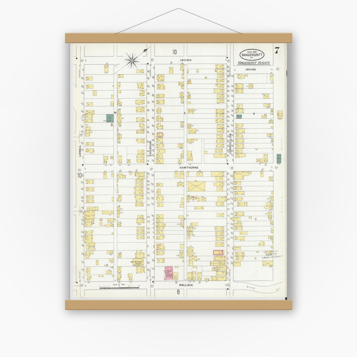 Old map wall art mockup — magnetic wood frame on white wall — Sanborn Fire Insurance Map from Vandergrift, Westmoreland County, Pennsylvania (1909), Sheet #0007