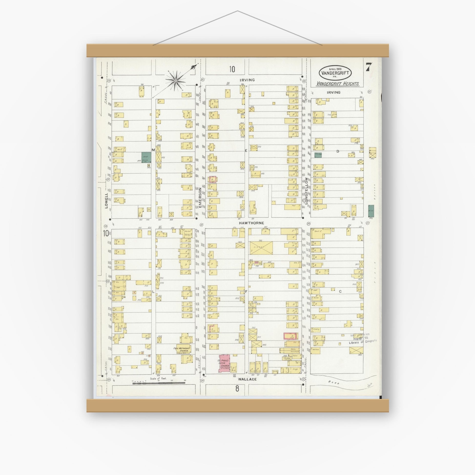 Old map wall art mockup — magnetic wood frame on white wall — Sanborn Fire Insurance Map from Vandergrift, Westmoreland County, Pennsylvania (1909), Sheet #0007