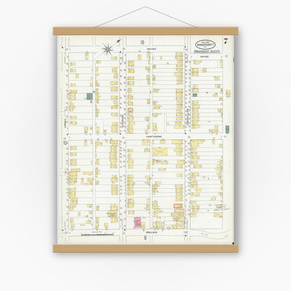Old map wall art mockup — magnetic wood frame on white wall — Sanborn Fire Insurance Map from Vandergrift, Westmoreland County, Pennsylvania (1909), Sheet #0007