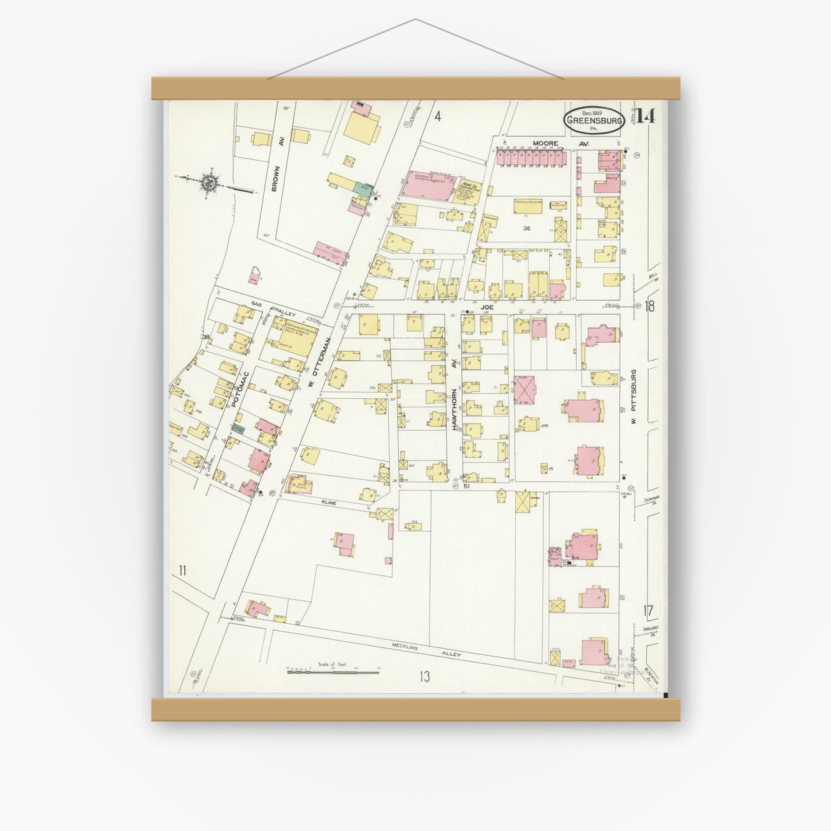Old map wall art mockup — magnetic wood frame on white wall — Sanborn Fire Insurance Map from Greensburg, Westmoreland County, Pennsylvania (1909), Sheet #0014
