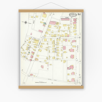Old map wall art mockup — magnetic wood frame on white wall — Sanborn Fire Insurance Map from Greensburg, Westmoreland County, Pennsylvania (1909), Sheet #0014