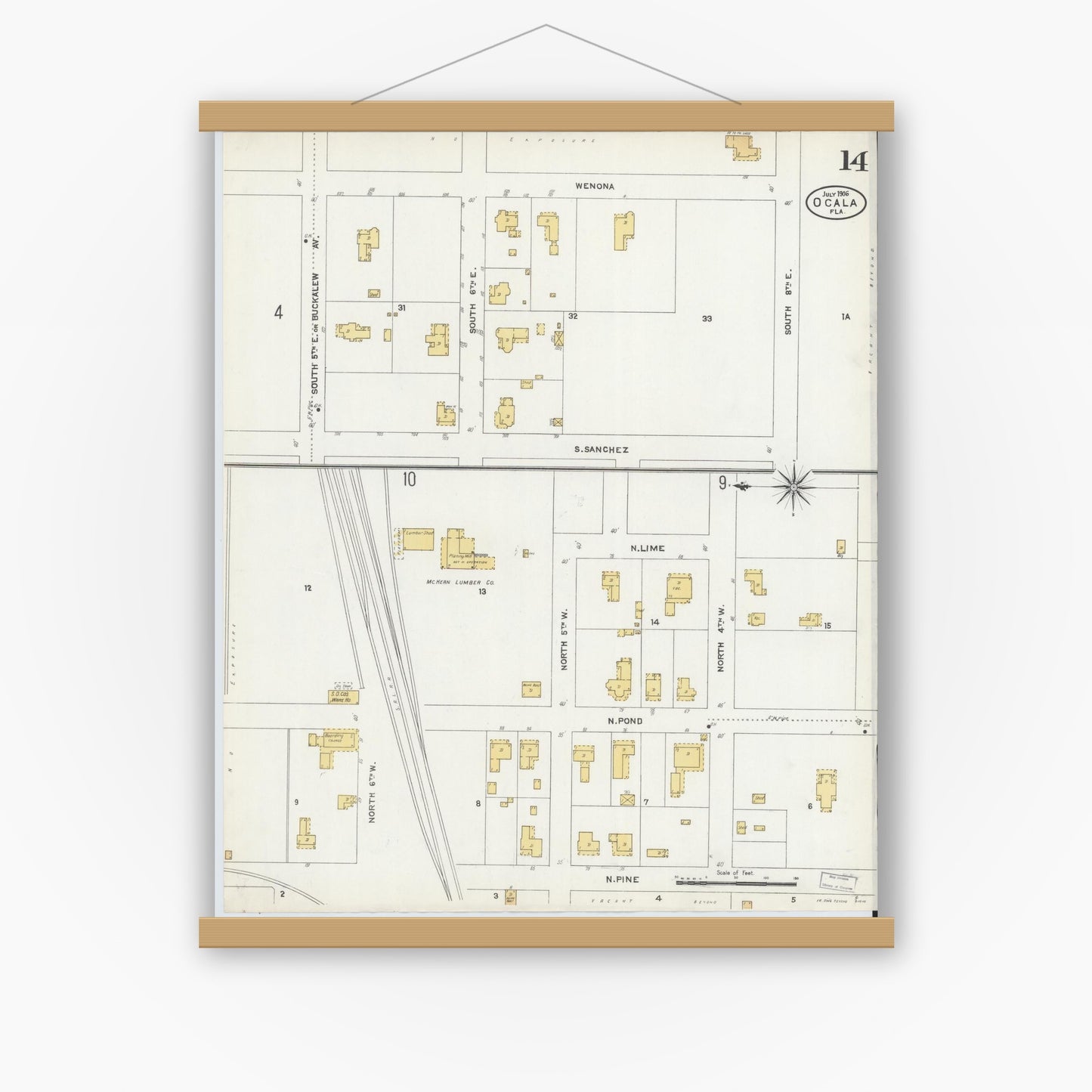 Old map wall art mockup — magnetic wood frame on white wall — Sanborn Fire Insurance Map from Ocala, Marion County, Florida (1906), Sheet #0014