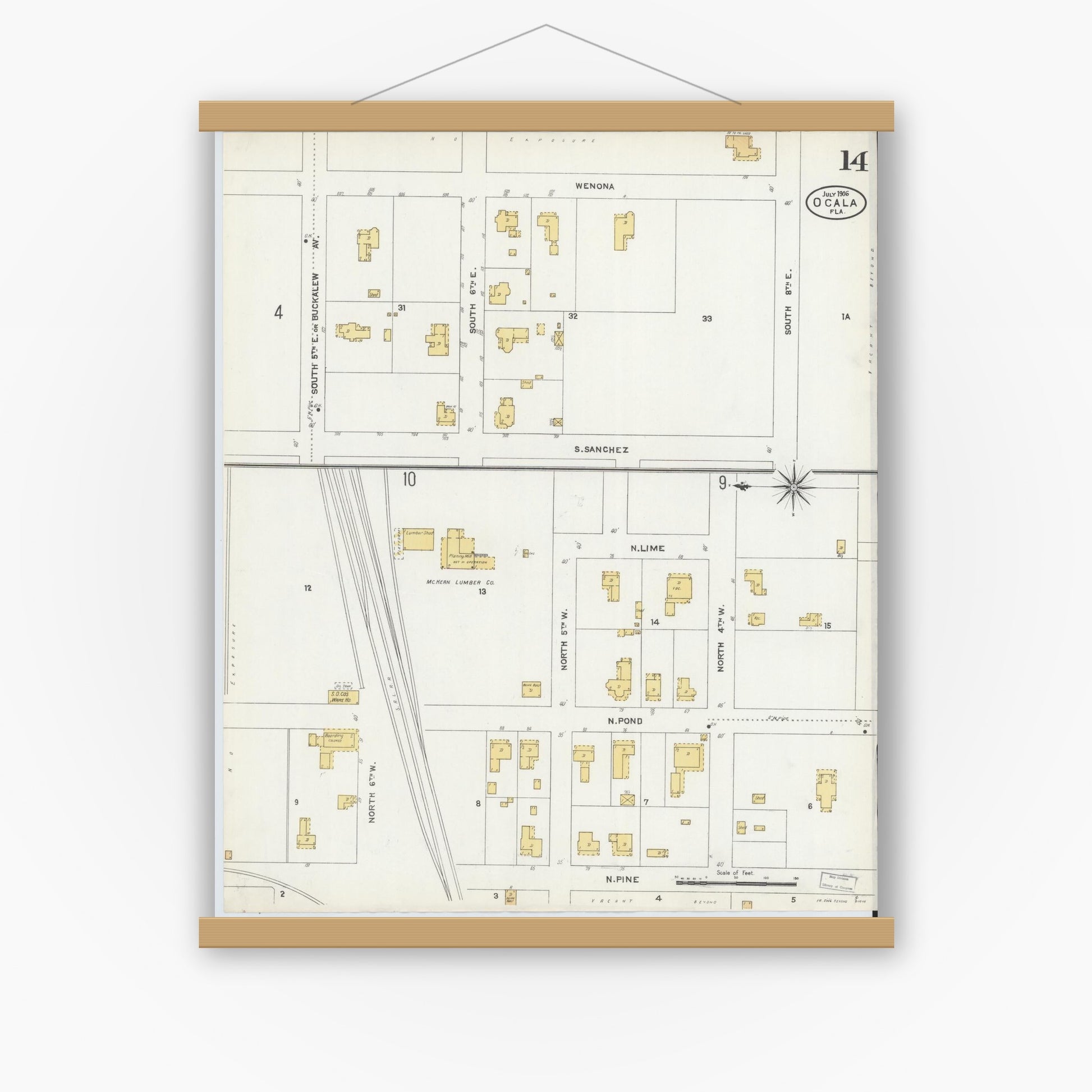 Old map wall art mockup — magnetic wood frame on white wall — Sanborn Fire Insurance Map from Ocala, Marion County, Florida (1906), Sheet #0014
