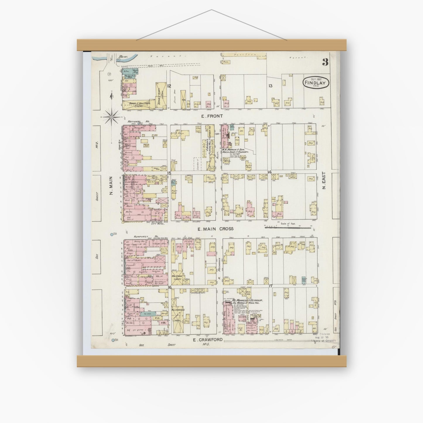 Old map wall art mockup — magnetic wood frame on white wall — Sanborn Fire Insurance Map from Findlay, Hancock County, Ohio (1887), Sheet #0003