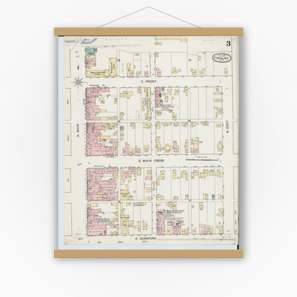 Old map wall art mockup — magnetic wood frame on white wall — Sanborn Fire Insurance Map from Findlay, Hancock County, Ohio (1887), Sheet #0003