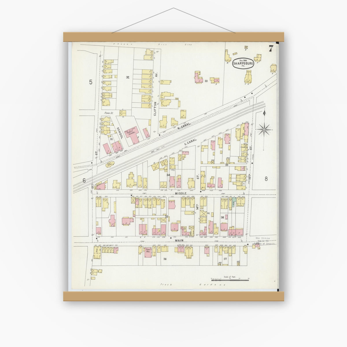 Old map wall art mockup — magnetic wood frame on white wall — Sanborn Fire Insurance Map from Sharpsburg, Allegheny County, Pennsylvania (1896), Sheet #0007