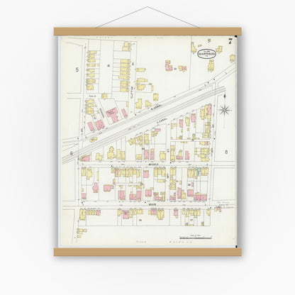 Old map wall art mockup — magnetic wood frame on white wall — Sanborn Fire Insurance Map from Sharpsburg, Allegheny County, Pennsylvania (1896), Sheet #0007