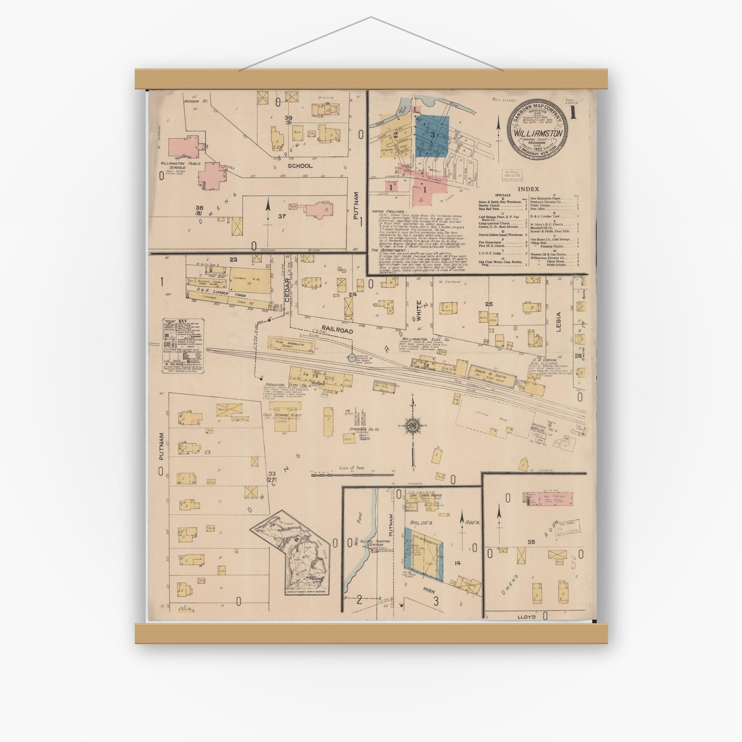 Old map wall art mockup — magnetic wood frame on white wall — Sanborn Fire Insurance Map from Williamston, Ingham County, Michigan (1922), Sheet #0001