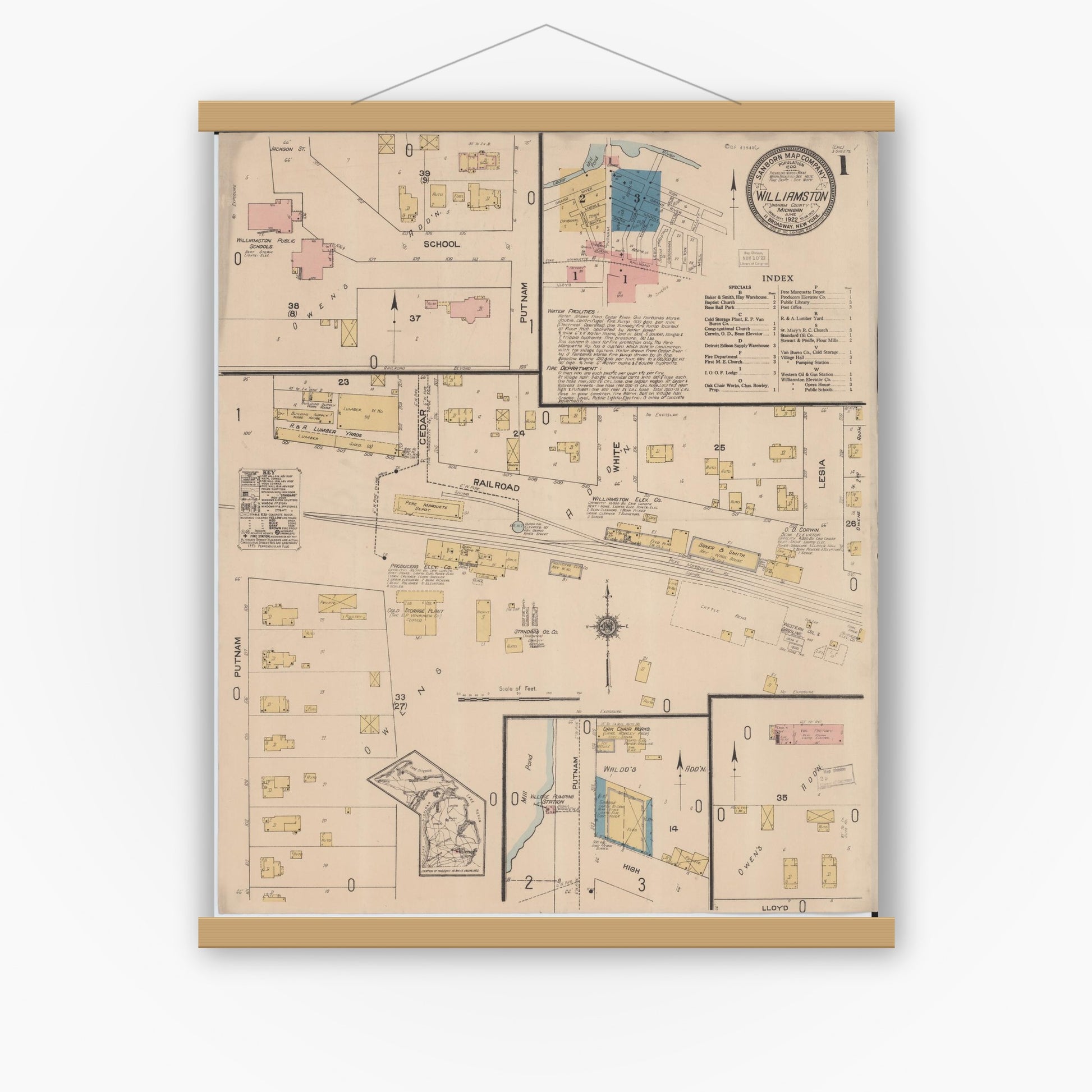 Old map wall art mockup — magnetic wood frame on white wall — Sanborn Fire Insurance Map from Williamston, Ingham County, Michigan (1922), Sheet #0001