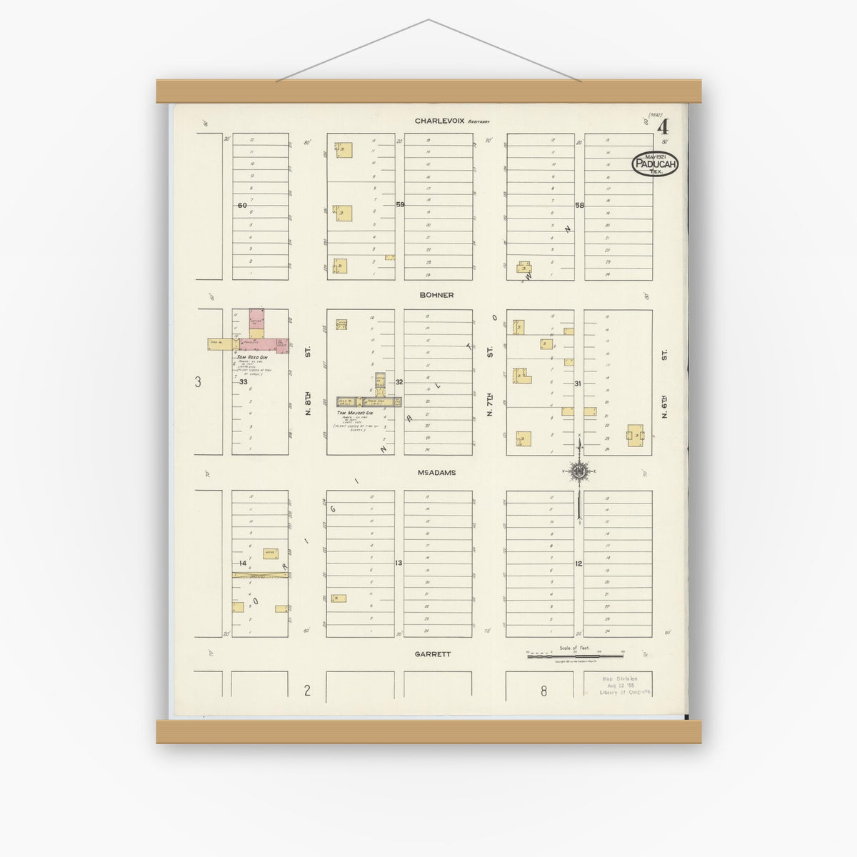 Old map wall art mockup — magnetic wood frame on white wall — Sanborn Fire Insurance Map from Paducah, Cottle County, Texas (1921), Sheet #0004