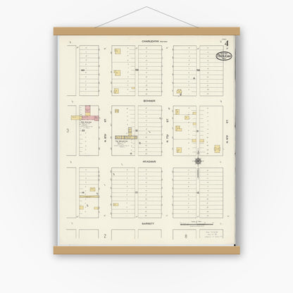Old map wall art mockup — magnetic wood frame on white wall — Sanborn Fire Insurance Map from Paducah, Cottle County, Texas (1921), Sheet #0004