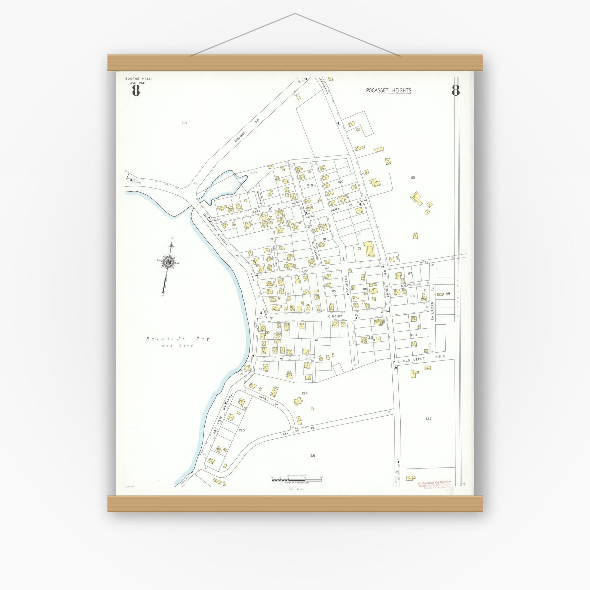 Old map wall art mockup — magnetic wood frame on white wall — Sanborn Fire Insurance Map from Bourne, Barnstable County, Massachusetts (1941), Sheet #0008