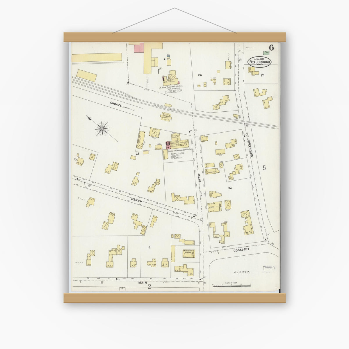 Old map wall art mockup — magnetic wood frame on white wall — Sanborn Fire Insurance Map from Foxboro, Norfolk County, Massachusetts (1898), Sheet #0006