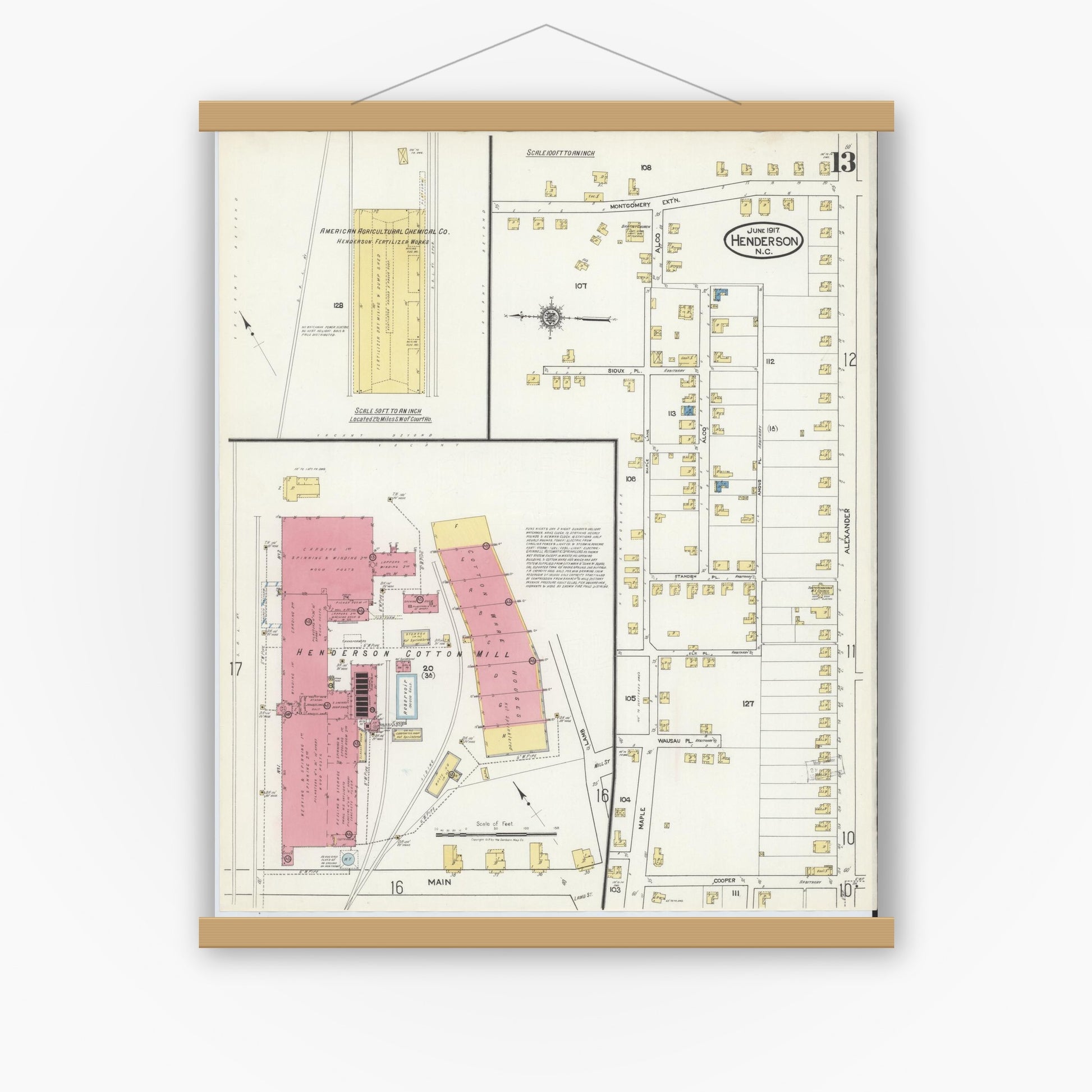 Old map wall art mockup — magnetic wood frame on white wall — Sanborn Fire Insurance Map from Henderson, Vance County, North Carolina (1917), Sheet #0013