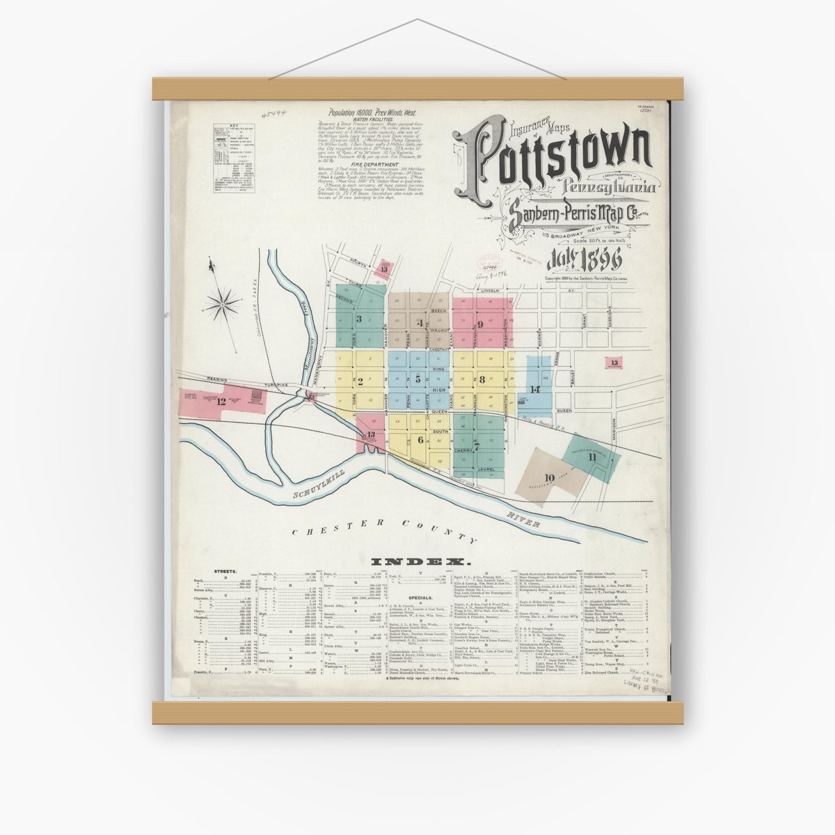 Old map wall art mockup — magnetic wood frame on white wall — Sanborn Fire Insurance Map from Pottstown, Montgomery County, Pennsylvania (1896), Sheet #0001