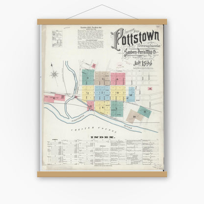 Old map wall art mockup — magnetic wood frame on white wall — Sanborn Fire Insurance Map from Pottstown, Montgomery County, Pennsylvania (1896), Sheet #0001