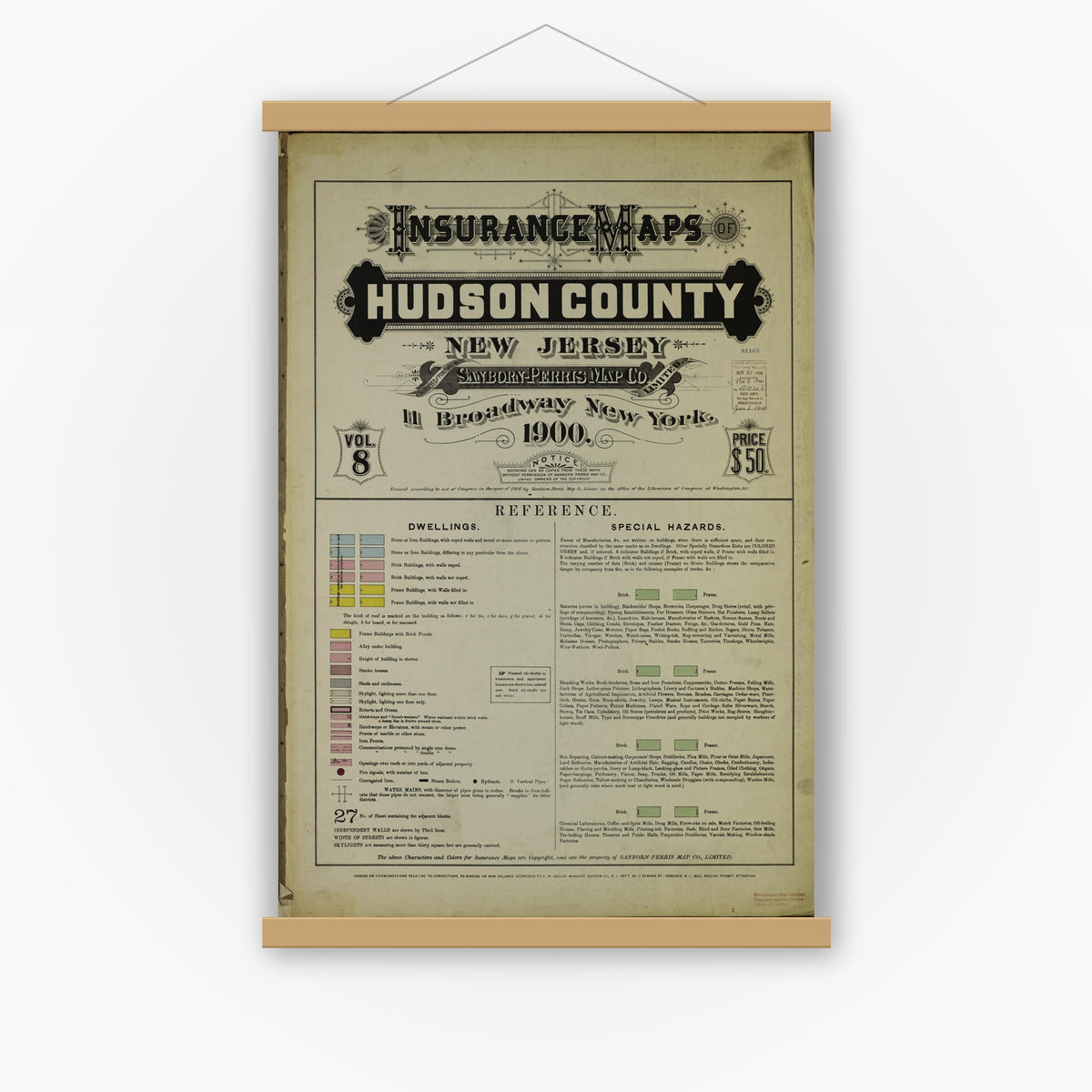 Old map wall art mockup — magnetic wood frame on white wall — Sanborn Fire Insurance Map from Hudson Co., Hudson County, New Jersey (1900), Sheet #0001