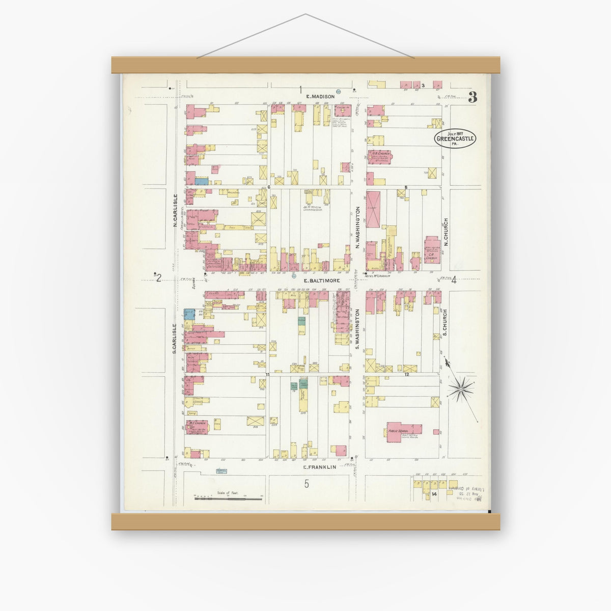 Old map wall art mockup — magnetic wood frame on white wall — Sanborn Fire Insurance Map from Greencastle, Franklin County, Pennsylvania (1907), Sheet #0003