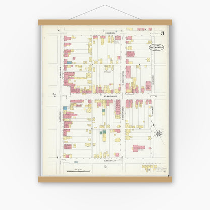 Old map wall art mockup — magnetic wood frame on white wall — Sanborn Fire Insurance Map from Greencastle, Franklin County, Pennsylvania (1907), Sheet #0003