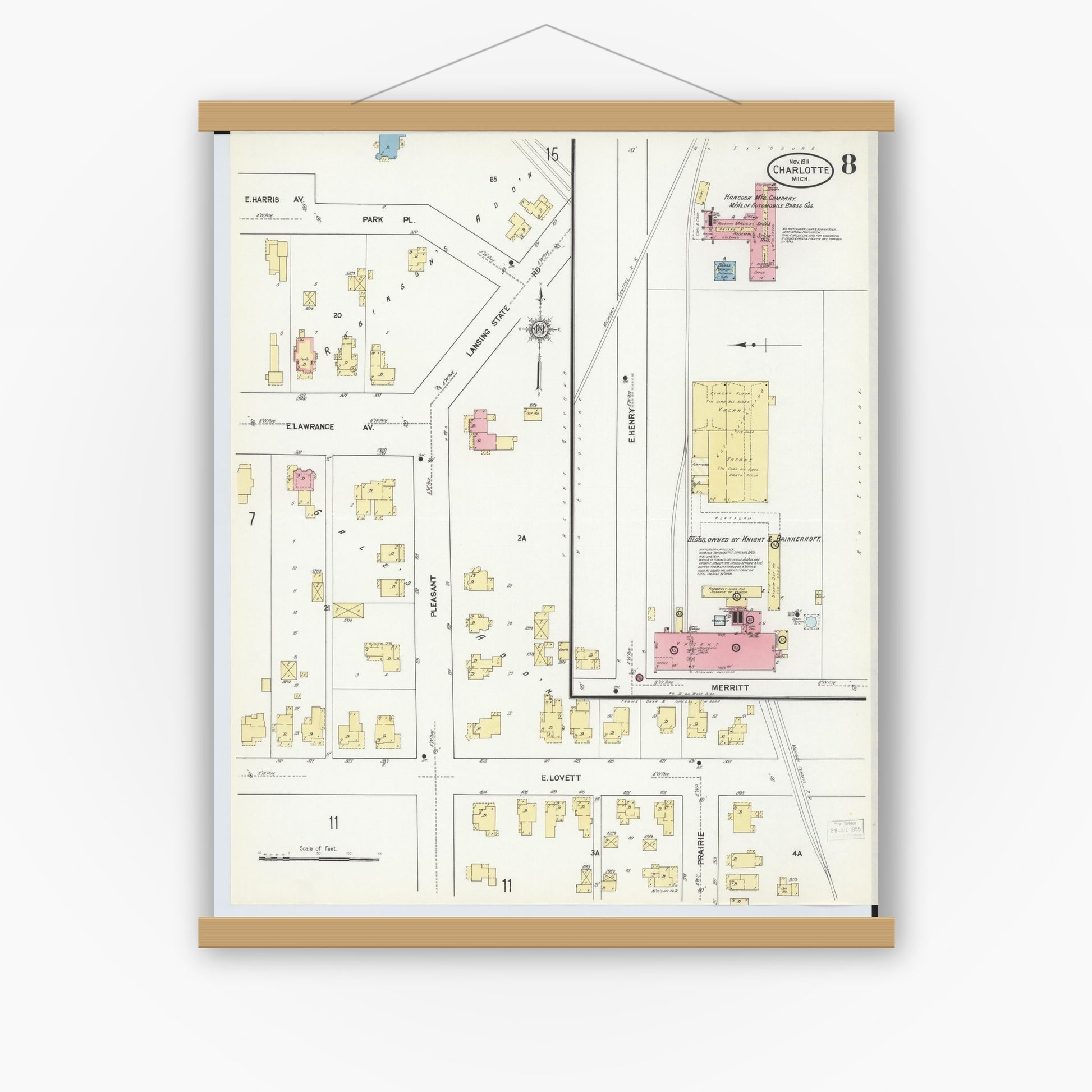 Old map wall art mockup — magnetic wood frame on white wall — Sanborn Fire Insurance Map from Charlotte, Eaton County, Michigan (1911), Sheet #0008