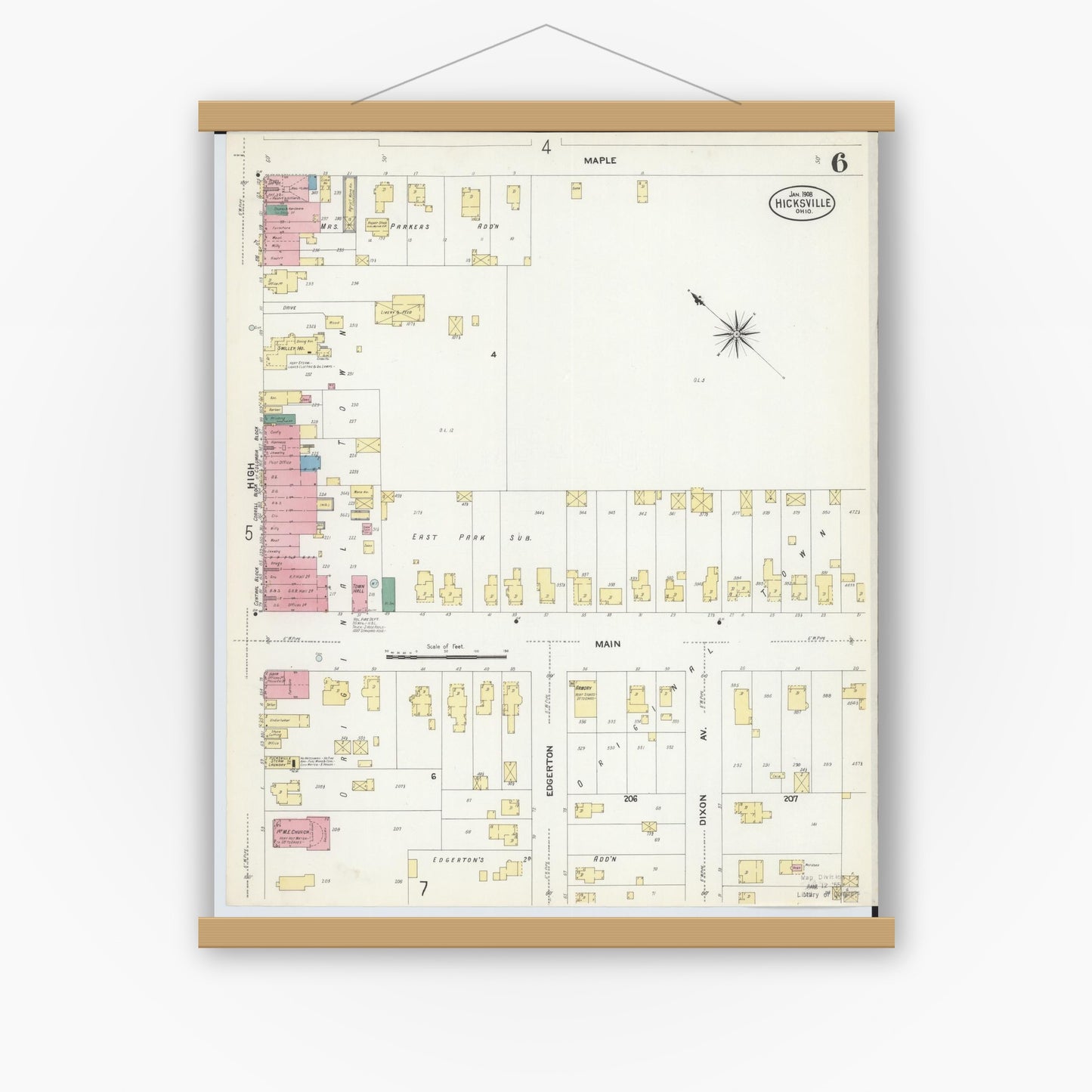 Old map wall art mockup — magnetic wood frame on white wall — Sanborn Fire Insurance Map from Hicksville, Defiance County, Ohio (1908), Sheet #0006