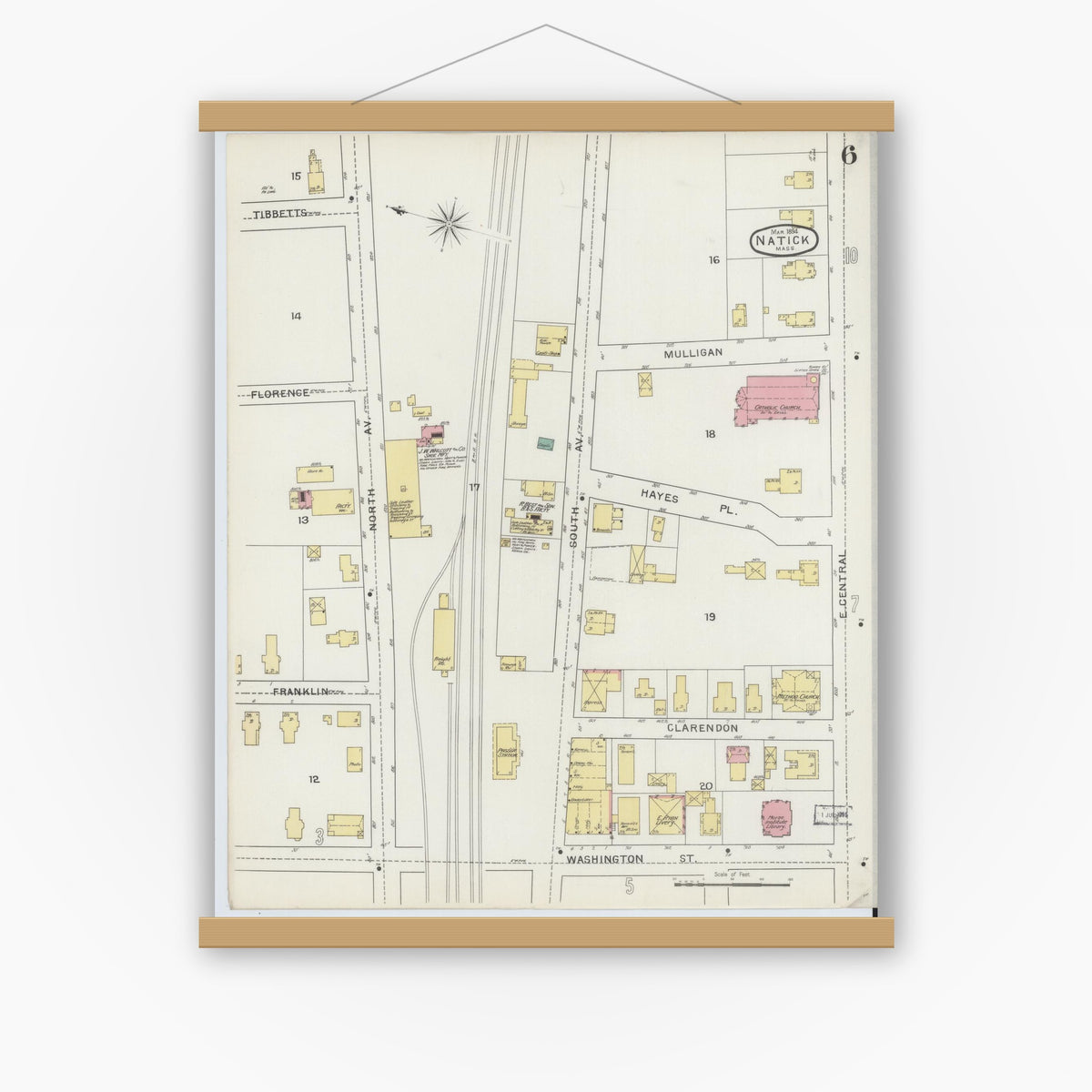 Old map wall art mockup — magnetic wood frame on white wall — Sanborn Fire Insurance Map from Natick, Middlesex County, Massachusetts (1894), Sheet #0006