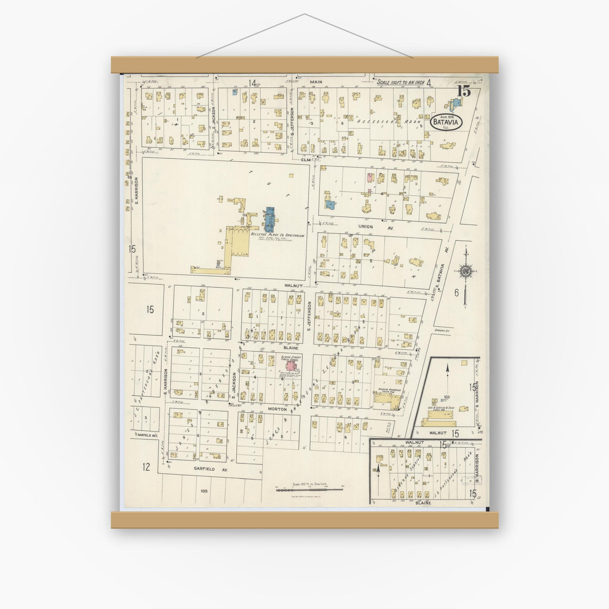 Old map wall art mockup — magnetic wood frame on white wall — Sanborn Fire Insurance Map from Batavia, Kane County, Illinois (1916), Sheet #0015