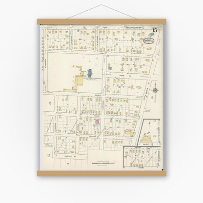 Old map wall art mockup — magnetic wood frame on white wall — Sanborn Fire Insurance Map from Batavia, Kane County, Illinois (1916), Sheet #0015