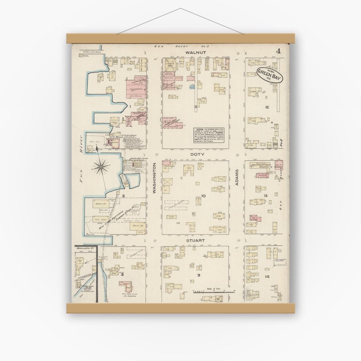 Old map wall art mockup — magnetic wood frame on white wall — Sanborn Fire Insurance Map from Green Bay, Brown County, Wisconsin (1883), Sheet #0004