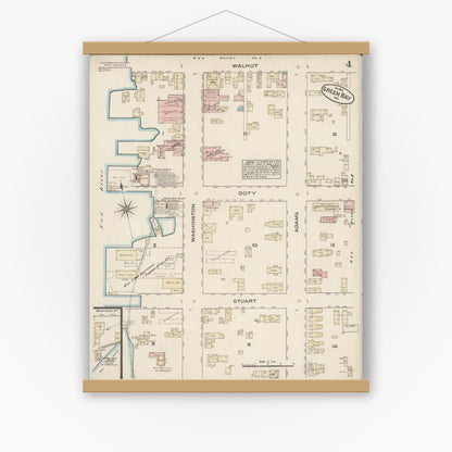 Old map wall art mockup — magnetic wood frame on white wall — Sanborn Fire Insurance Map from Green Bay, Brown County, Wisconsin (1883), Sheet #0004
