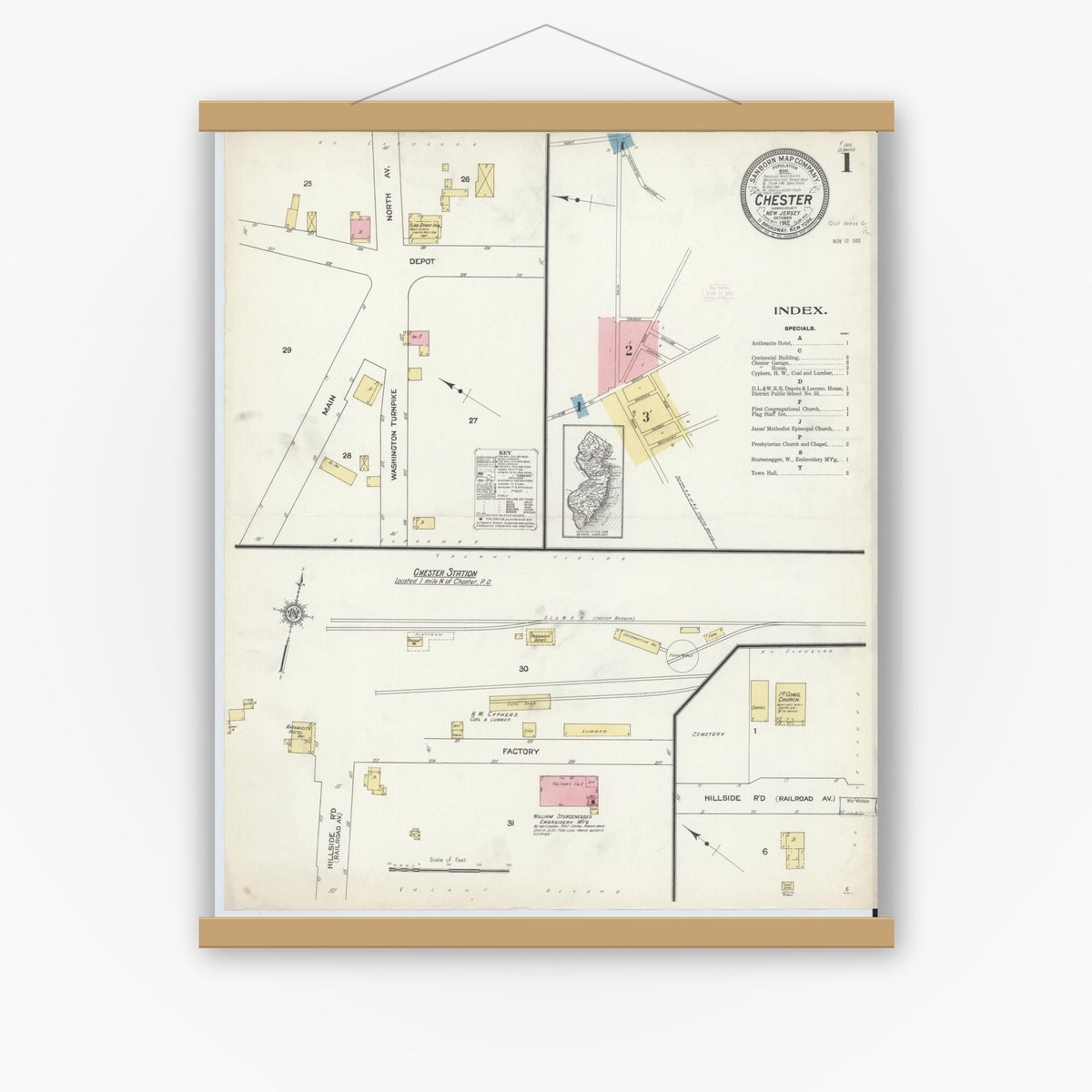 Old map wall art mockup — magnetic wood frame on white wall — Sanborn Fire Insurance Map from Chester, Morris County, New Jersey (1912), Sheet #0001