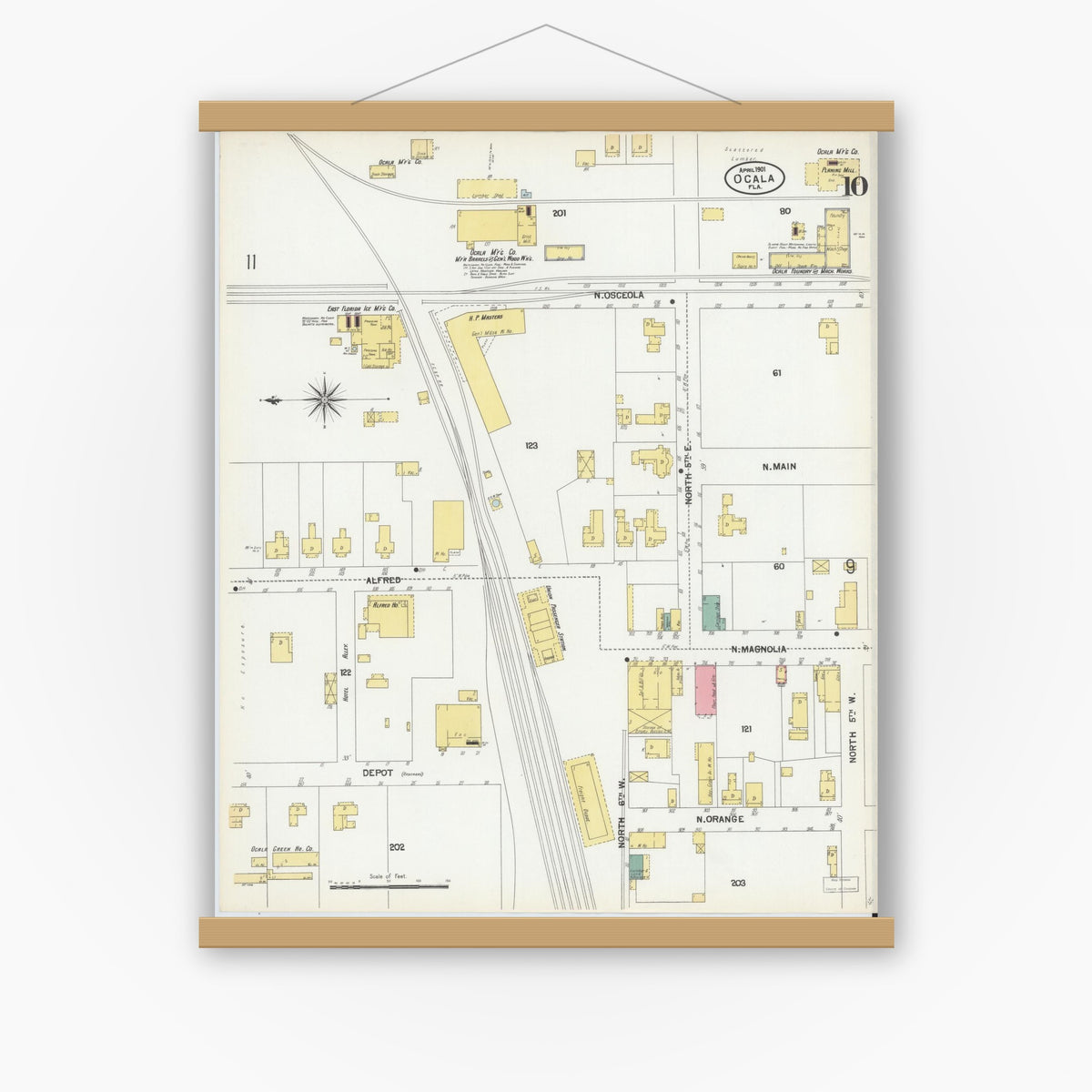 Old map wall art mockup — magnetic wood frame on white wall — Sanborn Fire Insurance Map from Ocala, Marion County, Florida (1901), Sheet #0010