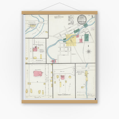Old map wall art mockup — magnetic wood frame on white wall — Sanborn Fire Insurance Map from Chagrin Falls, Cuyahoga County, Ohio (1893), Sheet #0001