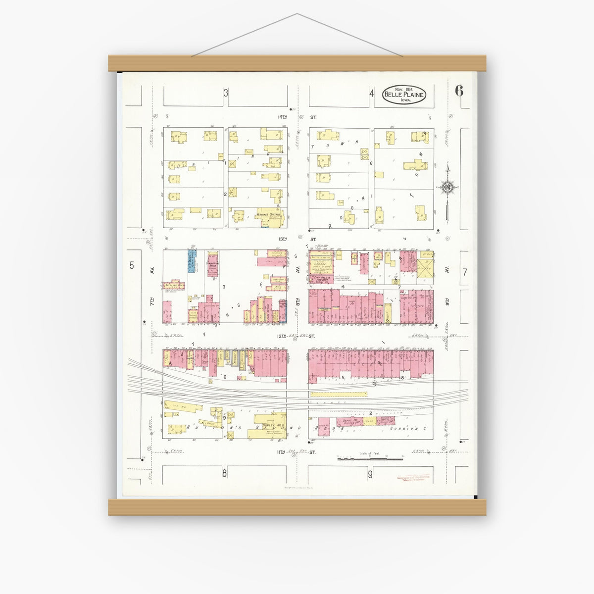 Old map wall art mockup — magnetic wood frame on white wall — Sanborn Fire Insurance Map from Belle Plaine, Benton County, Iowa (1916), Sheet #0006