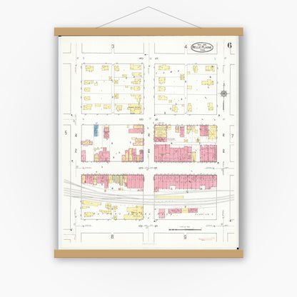 Old map wall art mockup — magnetic wood frame on white wall — Sanborn Fire Insurance Map from Belle Plaine, Benton County, Iowa (1916), Sheet #0006