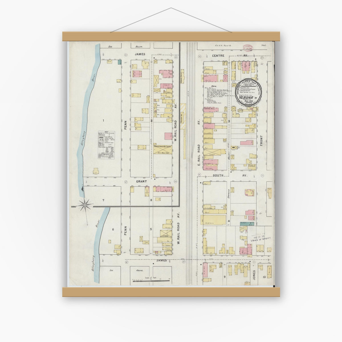 Old map wall art mockup — magnetic wood frame on white wall — Sanborn Fire Insurance Map from Verona, Allegheny County, Pennsylvania (1895), Sheet #0001