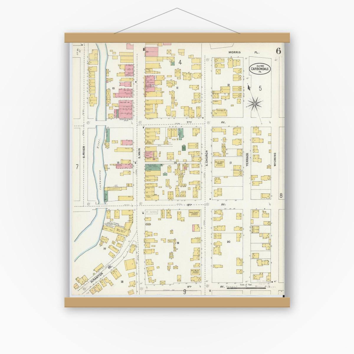 Old map wall art mockup — magnetic wood frame on white wall — Sanborn Fire Insurance Map from Carbondale, Lackawanna County, Pennsylvania (1903), Sheet #0006