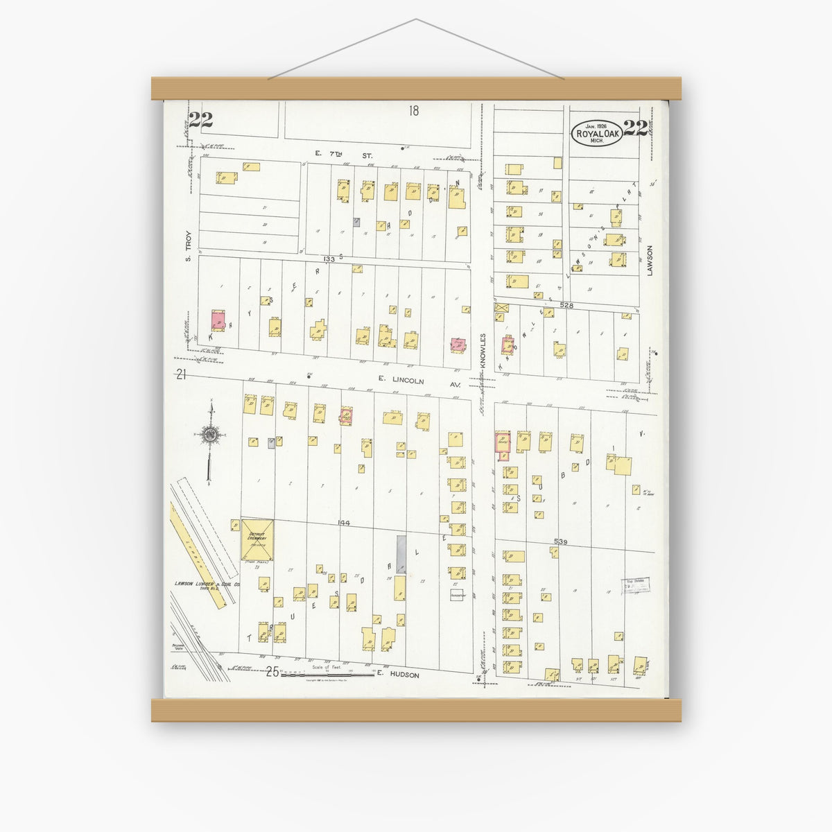 Old map wall art mockup — magnetic wood frame on white wall — Sanborn Fire Insurance Map from Royal Oak, Oakland County, Michigan (1926), Sheet #0022