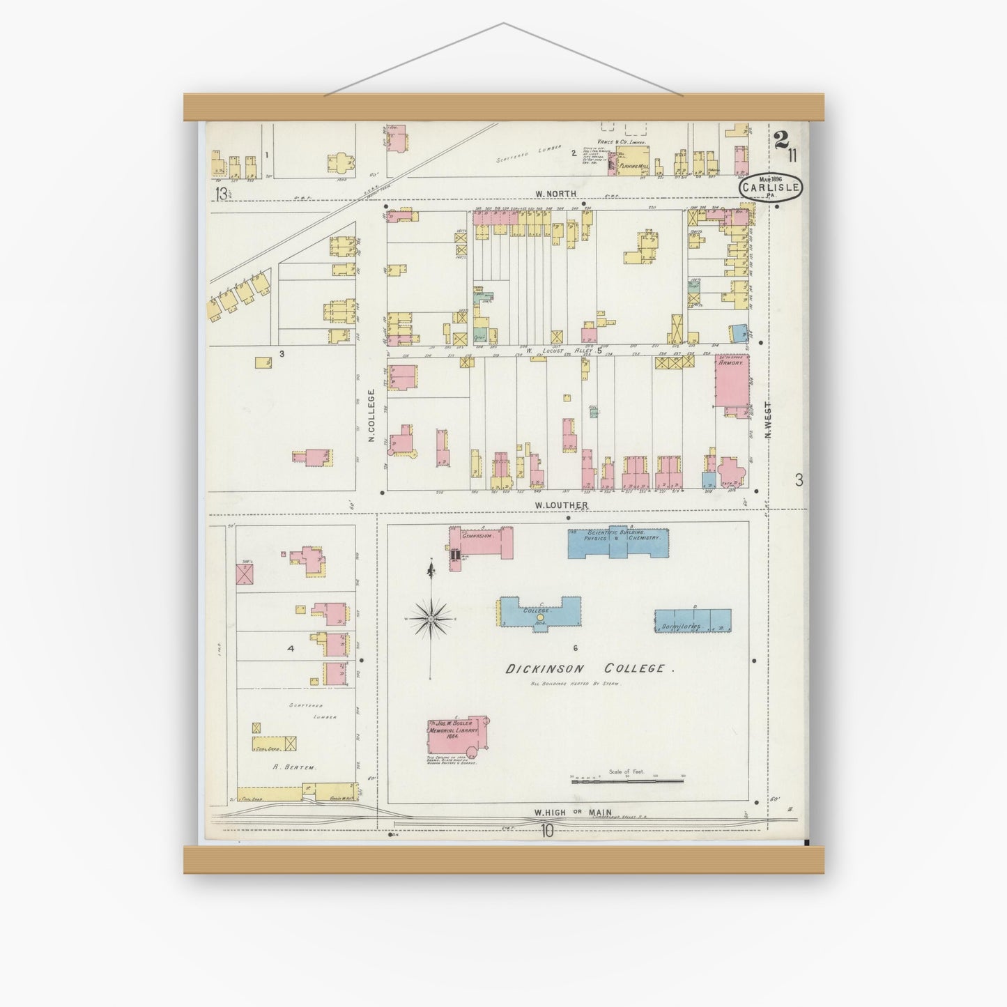 Old map wall art mockup — magnetic wood frame on white wall — Sanborn Fire Insurance Map from Carlisle, Cumberland County, Pennsylvania (1896), Sheet #0002